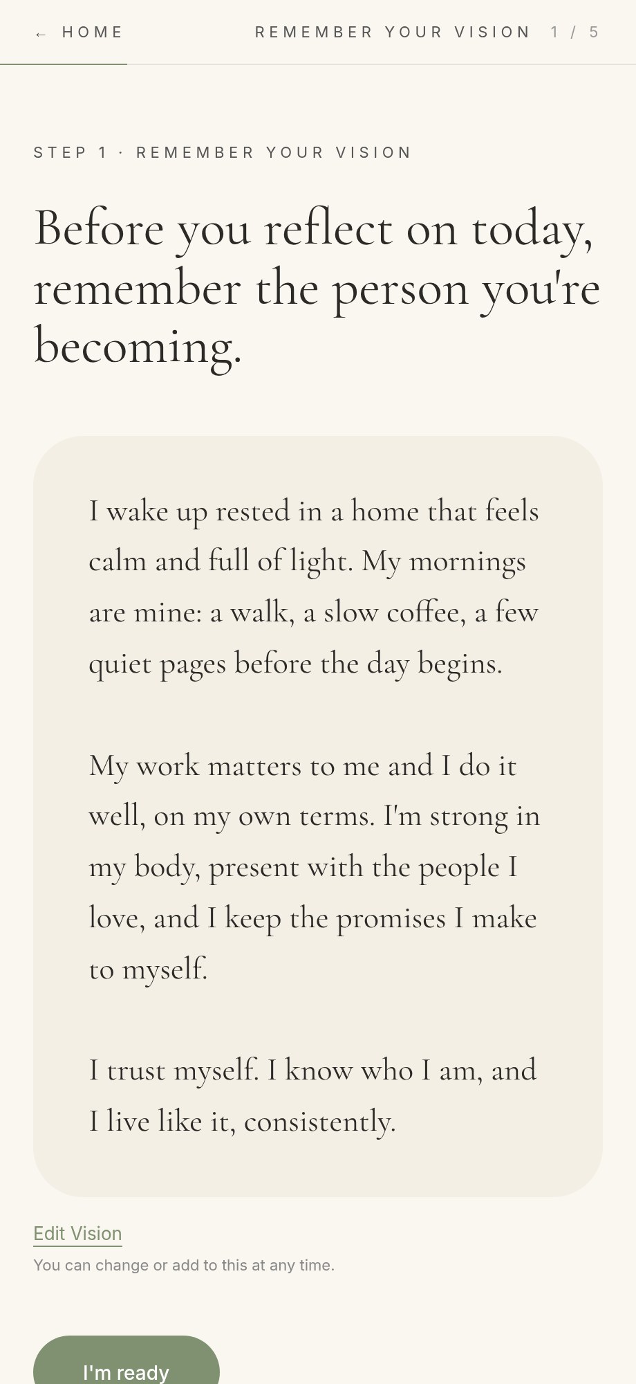 The Become daily check-in opening with a member's personal Vision